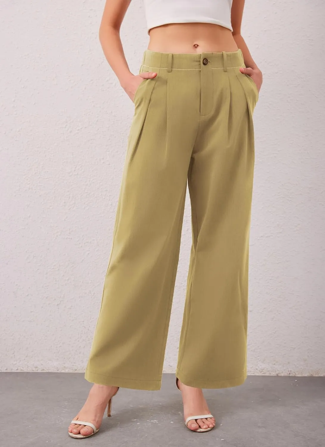 HVT Womens Work Pants High Waisted Straight Leg Pleated Pants Casual Loose Business Fluid Trousers with Pockets