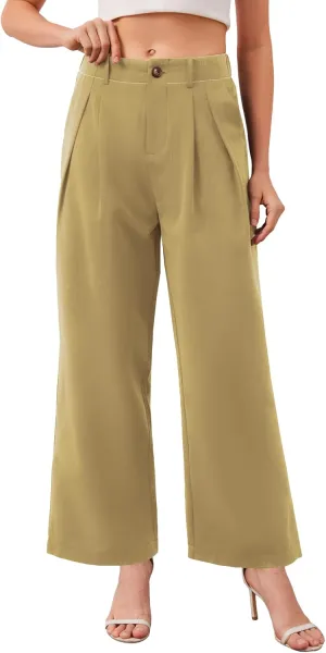 HVT Womens Work Pants High Waisted Straight Leg Pleated Pants Casual Loose Business Fluid Trousers with Pockets