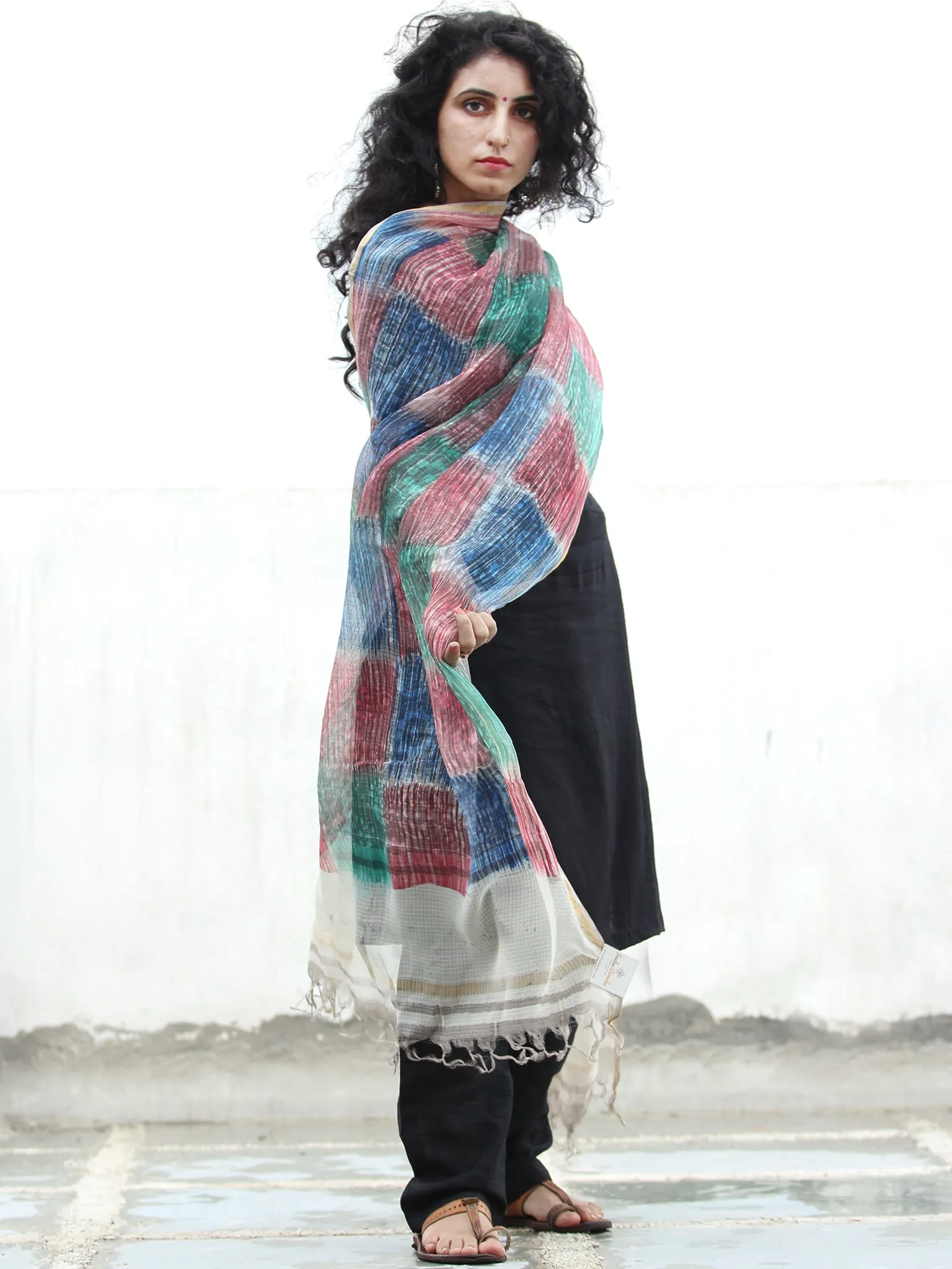Ivory Green Blue Kota Silk Hand Block Printed Dupatta - D04170439