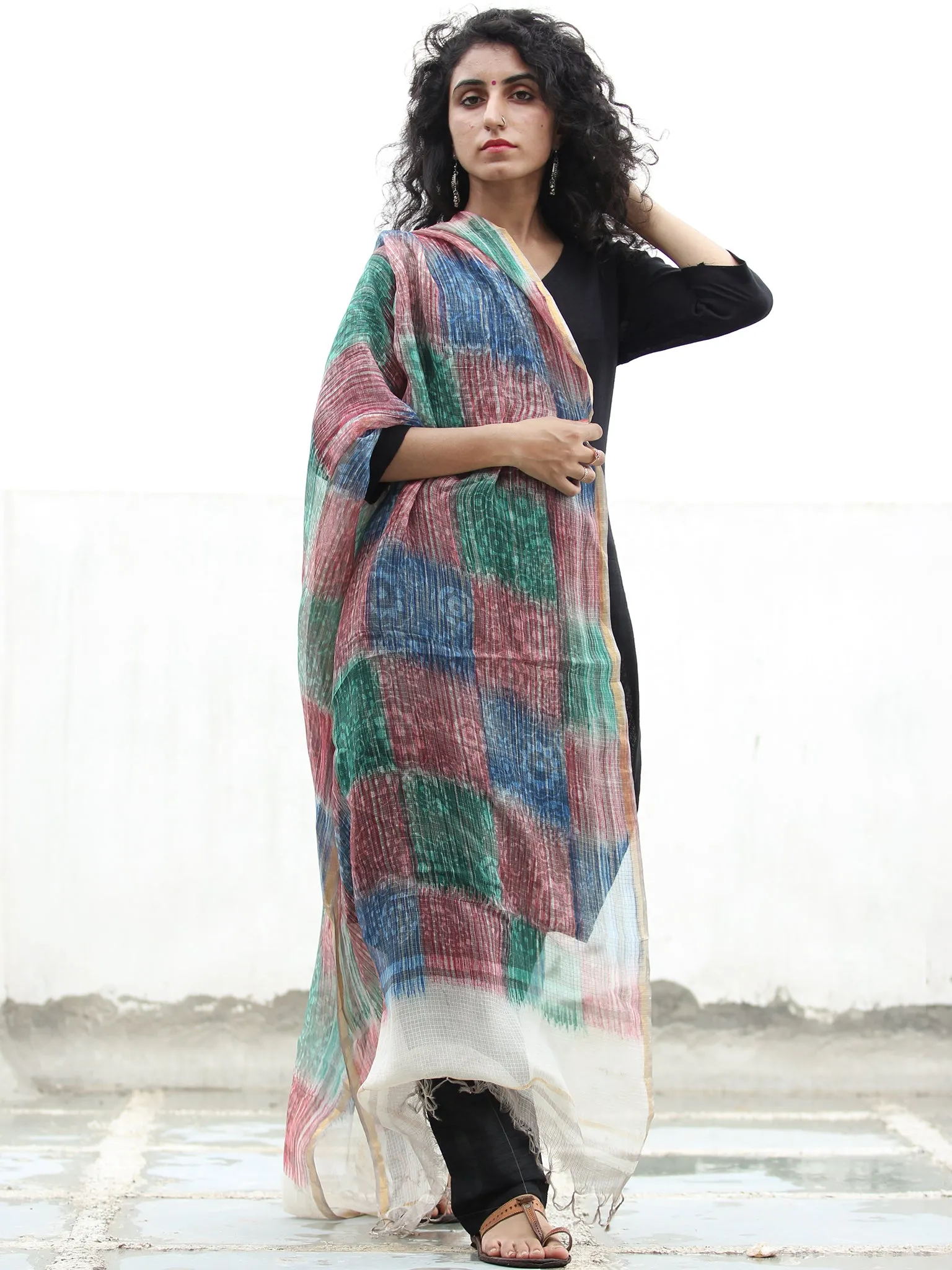 Ivory Green Blue Kota Silk Hand Block Printed Dupatta - D04170439