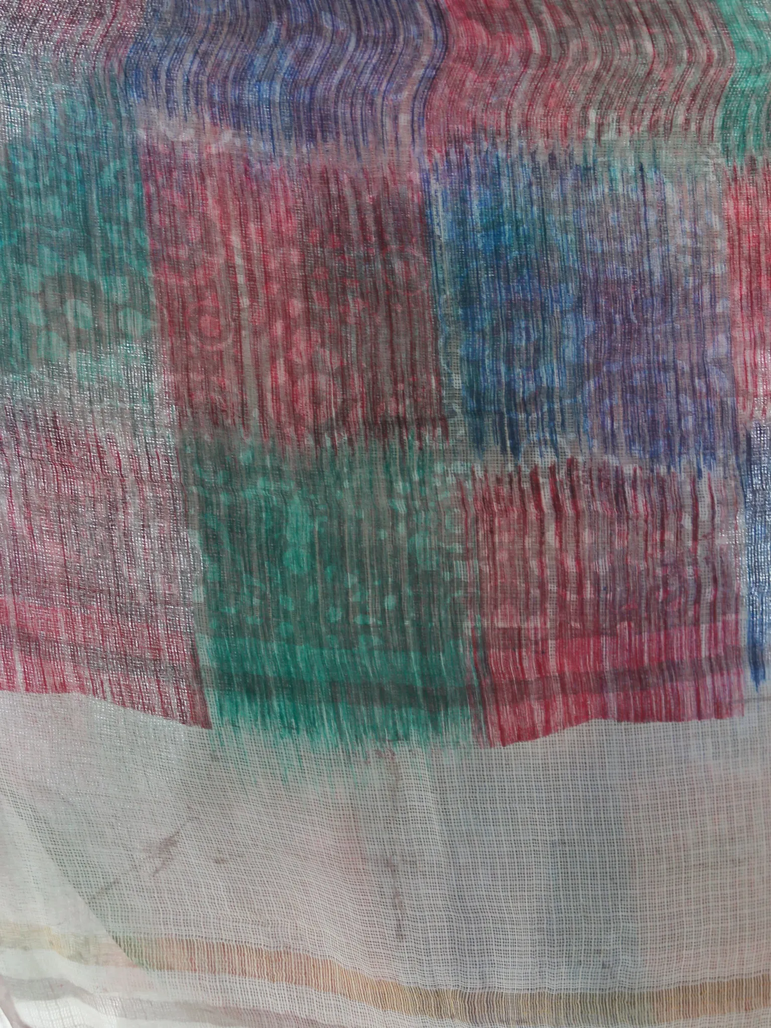 Ivory Green Blue Kota Silk Hand Block Printed Dupatta - D04170439