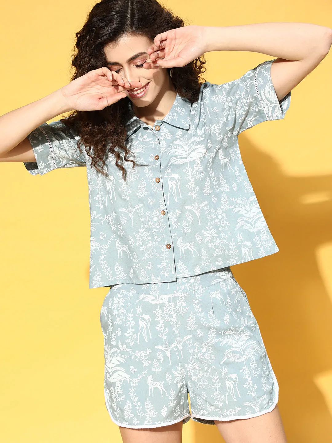Jaipur Kurti Women Grey Rayon Slub Quirky Printed Lace Inserted Night Suit.