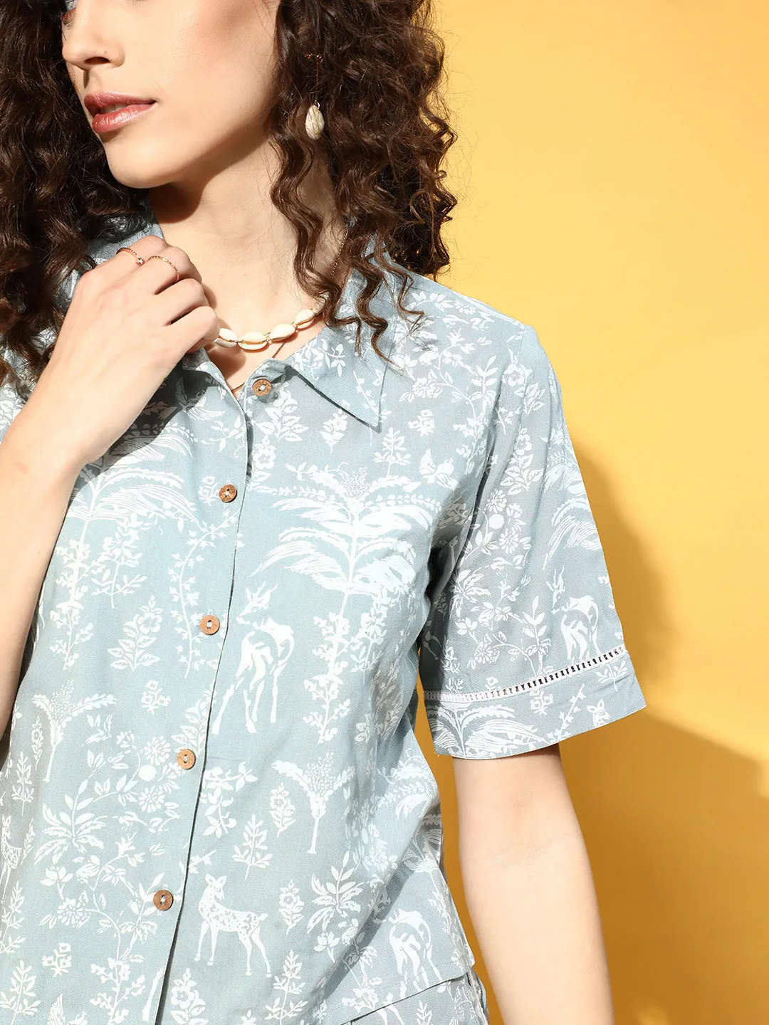 Jaipur Kurti Women Grey Rayon Slub Quirky Printed Lace Inserted Night Suit.