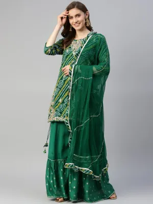Jashvi Gota Work Green Bandhani Print georgette Kurta Palazzo Set with Dupatta