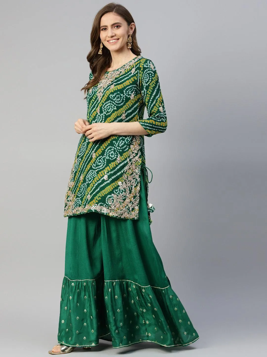 Jashvi Gota Work Green Bandhani Print georgette Kurta Palazzo Set with Dupatta