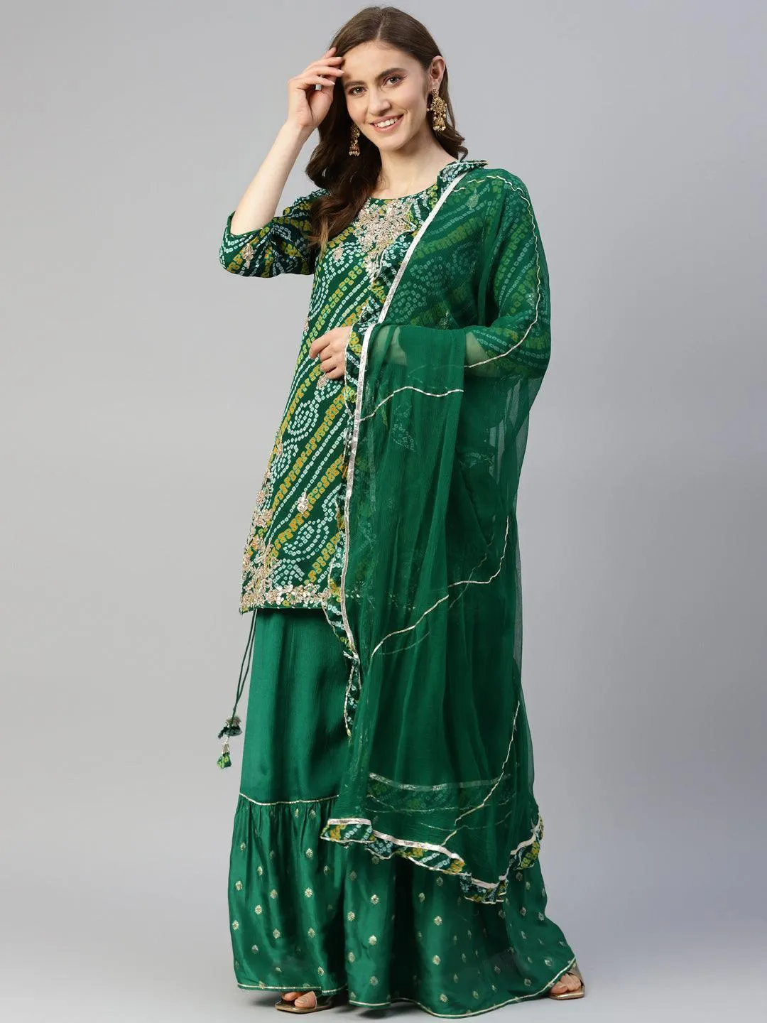 Jashvi Gota Work Green Bandhani Print georgette Kurta Palazzo Set with Dupatta