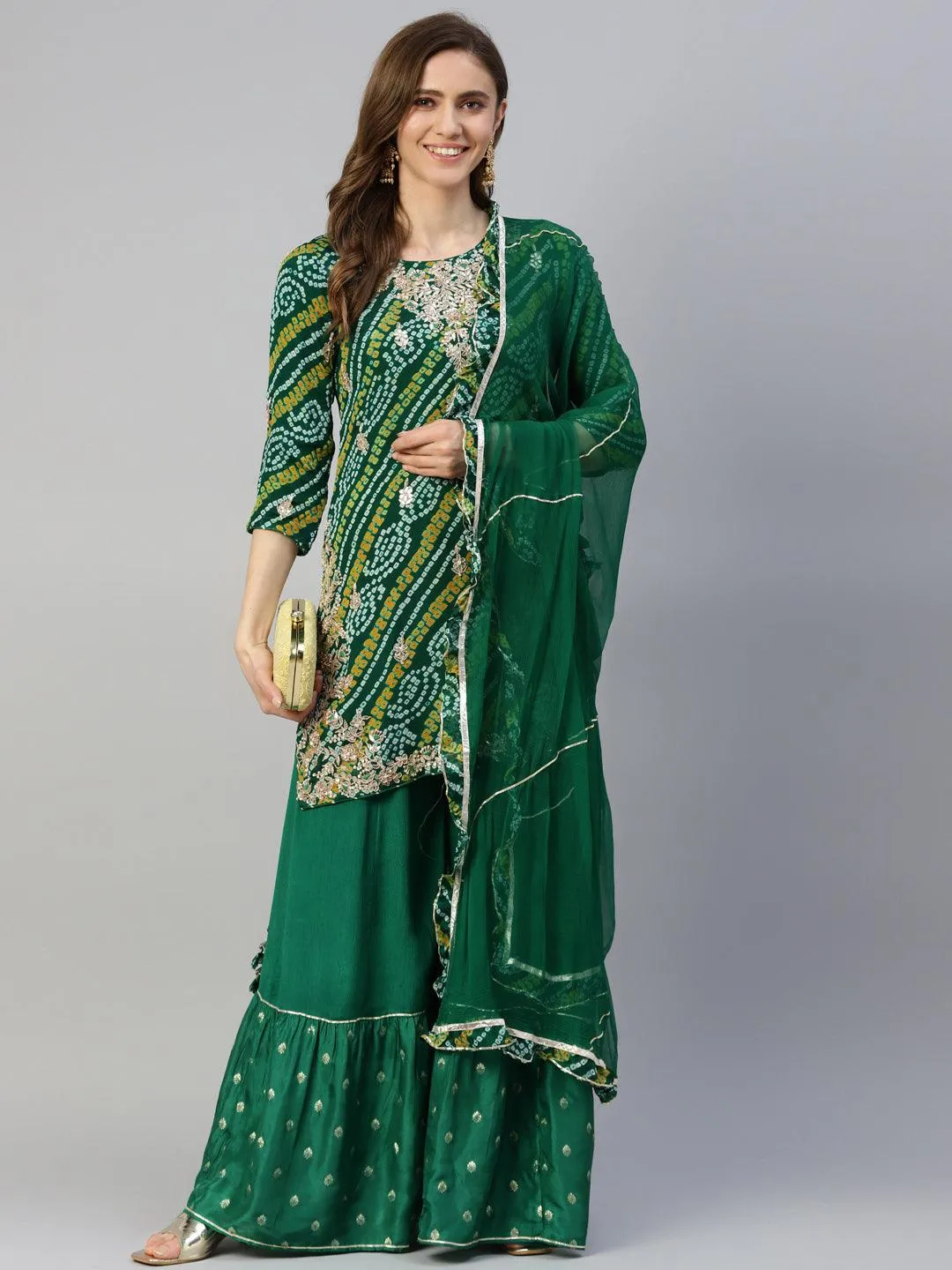 Jashvi Gota Work Green Bandhani Print georgette Kurta Palazzo Set with Dupatta