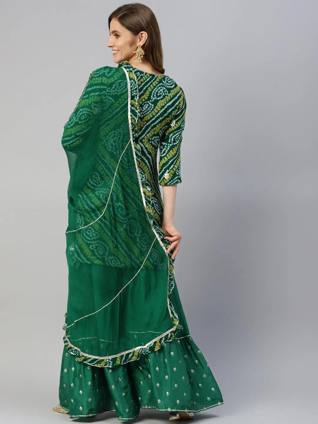 Jashvi Gota Work Green Bandhani Print georgette Kurta Palazzo Set with Dupatta