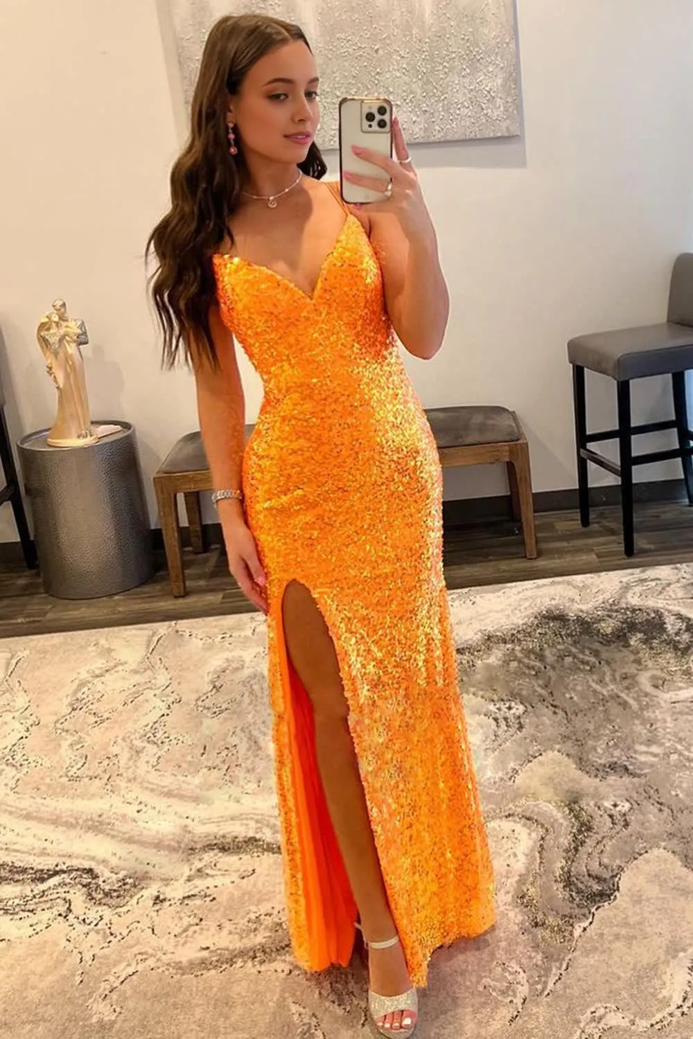 kamahe Sparkly Orange Sequins Long Prom Dress with Slit Formal Evening Dresses