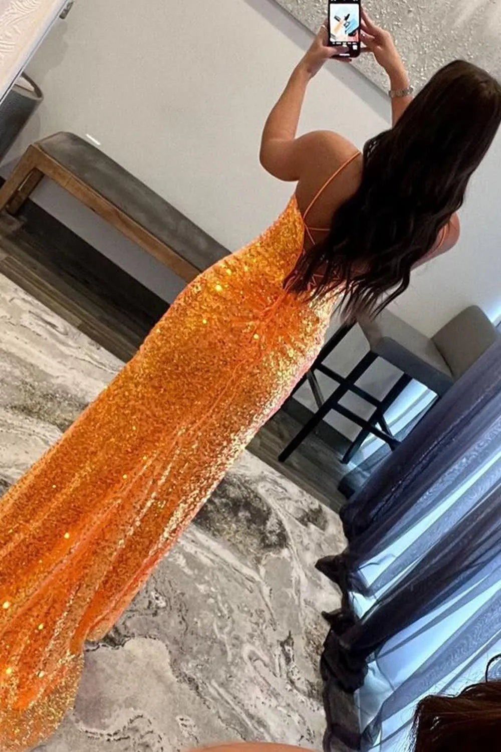 kamahe Sparkly Orange Sequins Long Prom Dress with Slit Formal Evening Dresses