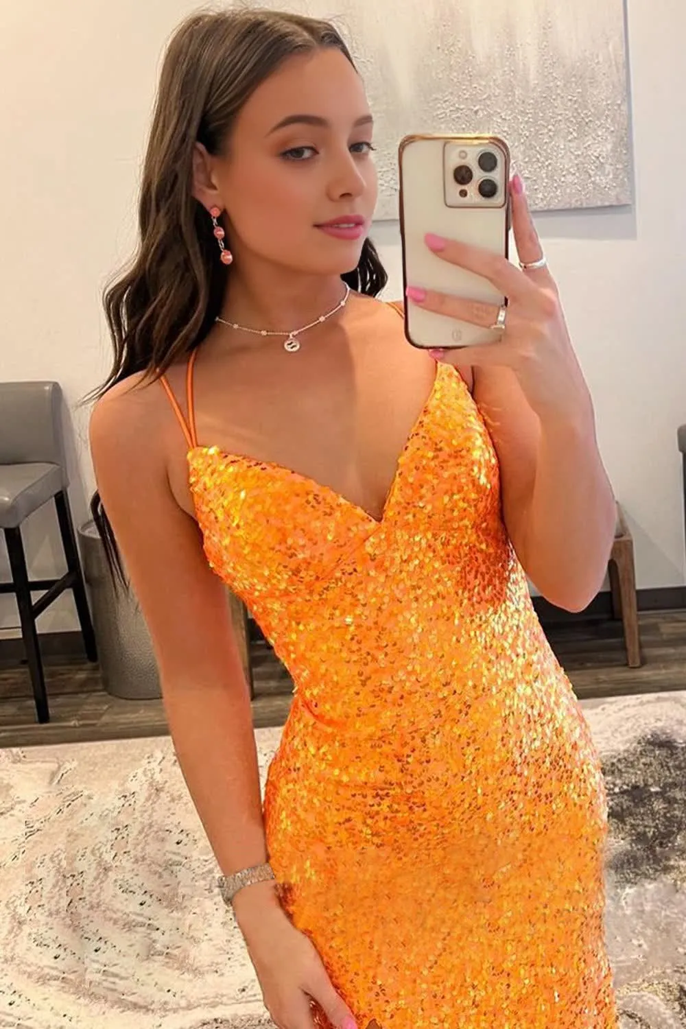 kamahe Sparkly Orange Sequins Long Prom Dress with Slit Formal Evening Dresses