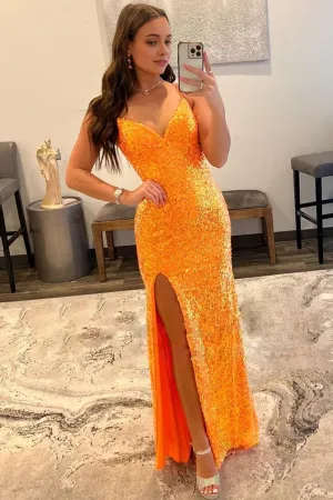 kamahe Sparkly Orange Sequins Long Prom Dress with Slit Formal Evening Dresses