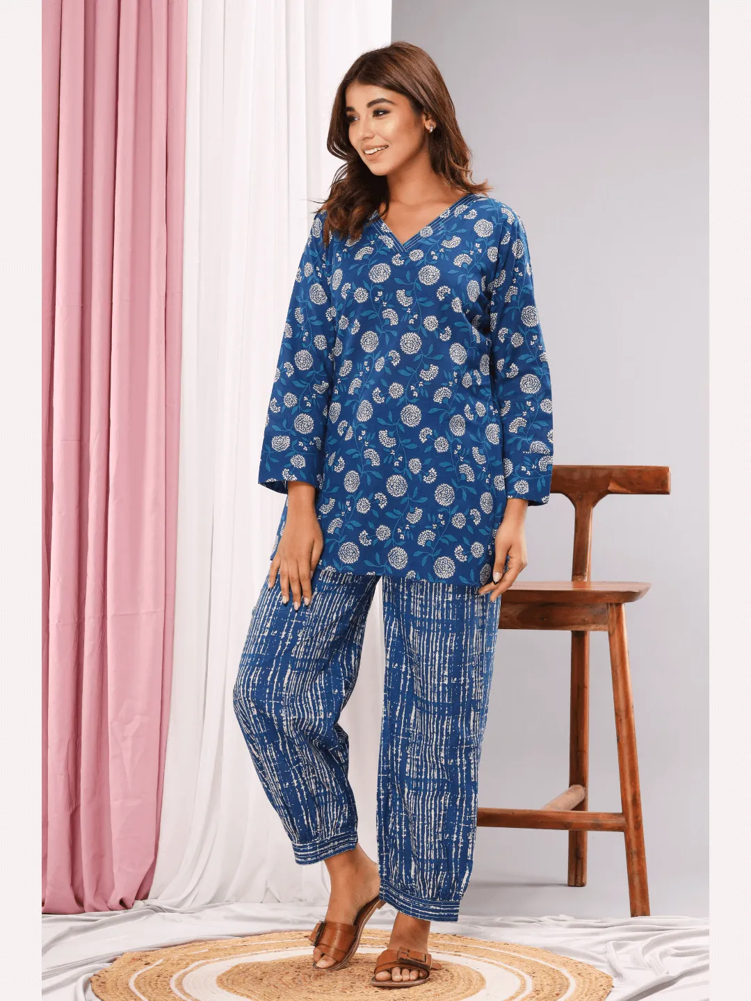 Lake blue Cotton V neck Loungewear