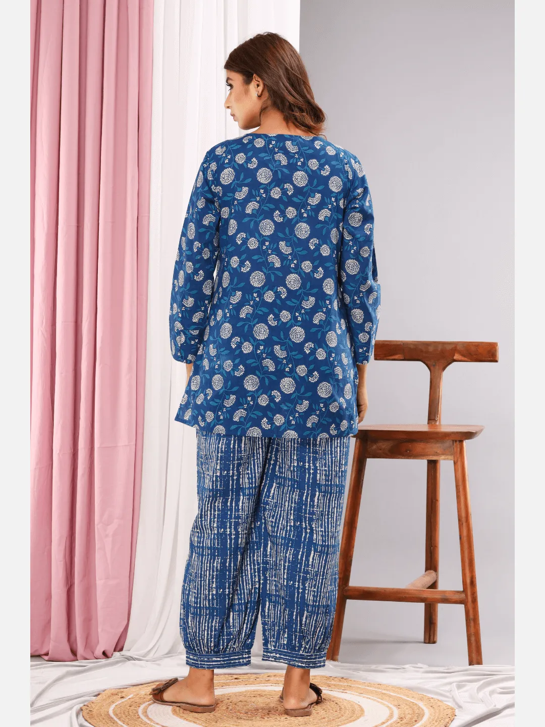 Lake blue Cotton V neck Loungewear