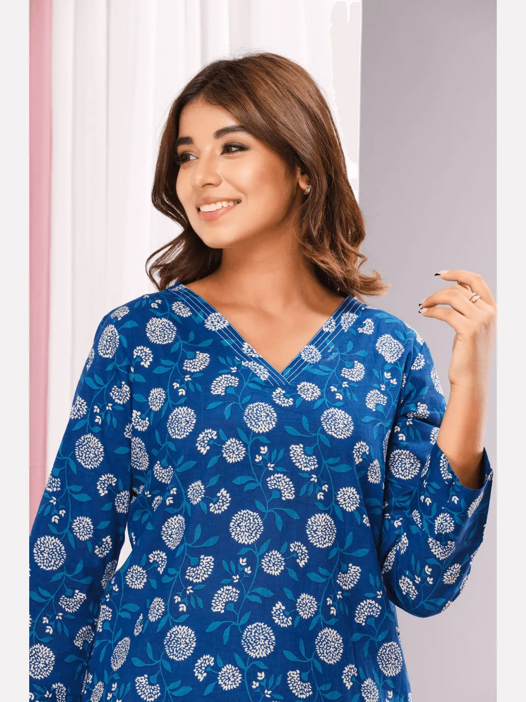 Lake blue Cotton V neck Loungewear