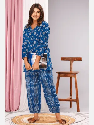 Lake blue Cotton V neck Loungewear