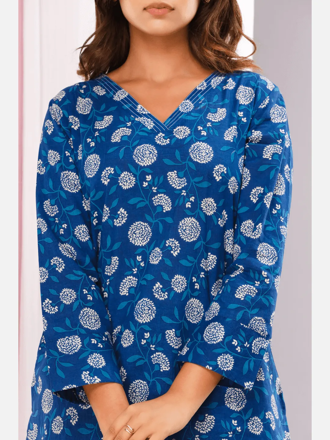 Lake blue Cotton V neck Loungewear