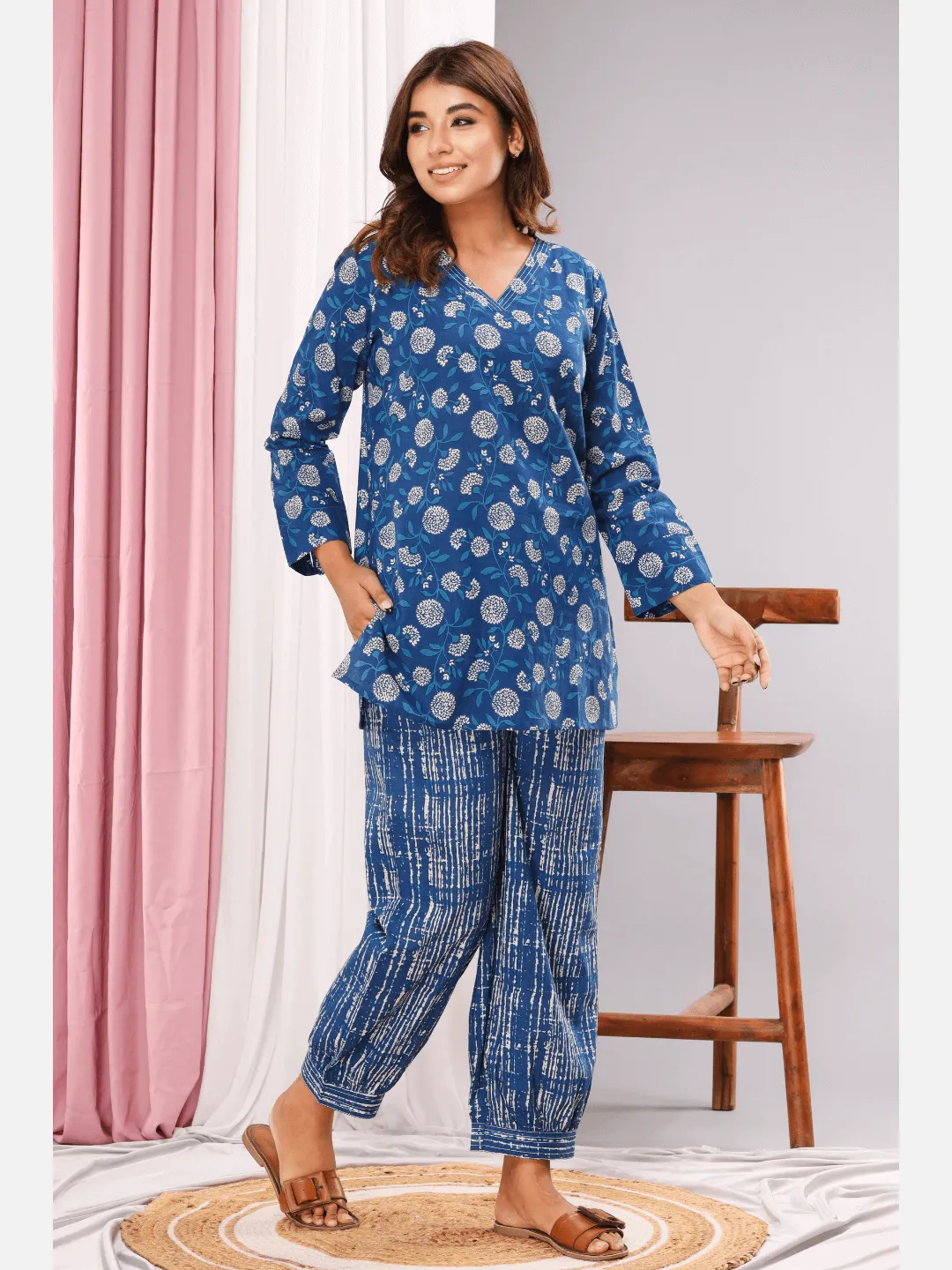 Lake blue Cotton V neck Loungewear