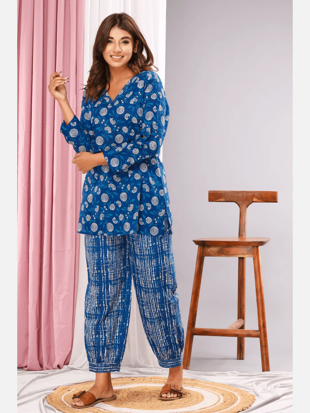 Lake blue Cotton V neck Loungewear
