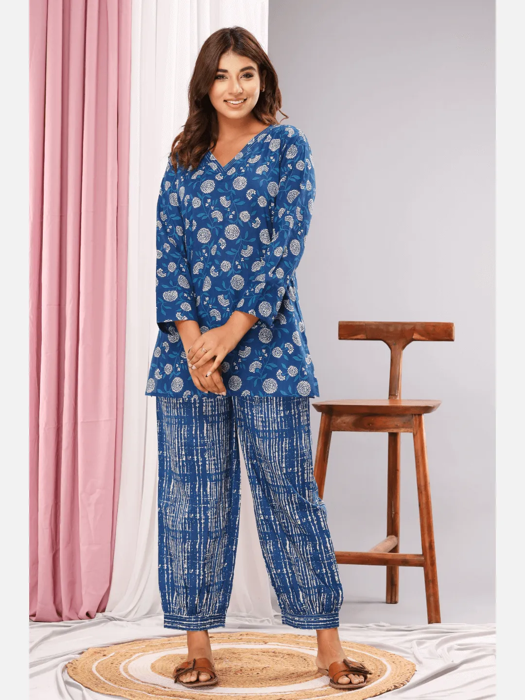 Lake blue Cotton V neck Loungewear