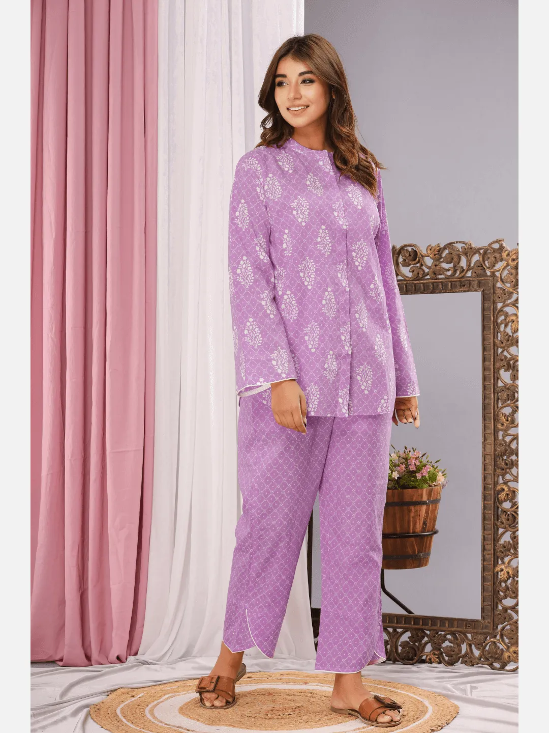 Lavender mandarin collar cotton loungewear