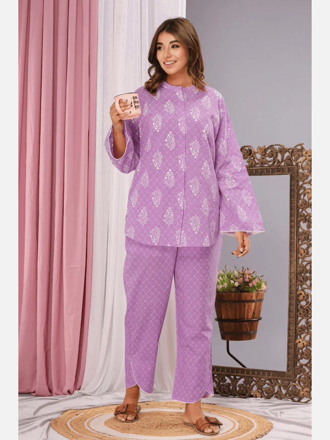 Lavender mandarin collar cotton loungewear