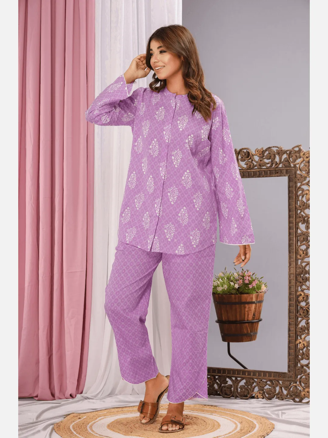Lavender mandarin collar cotton loungewear