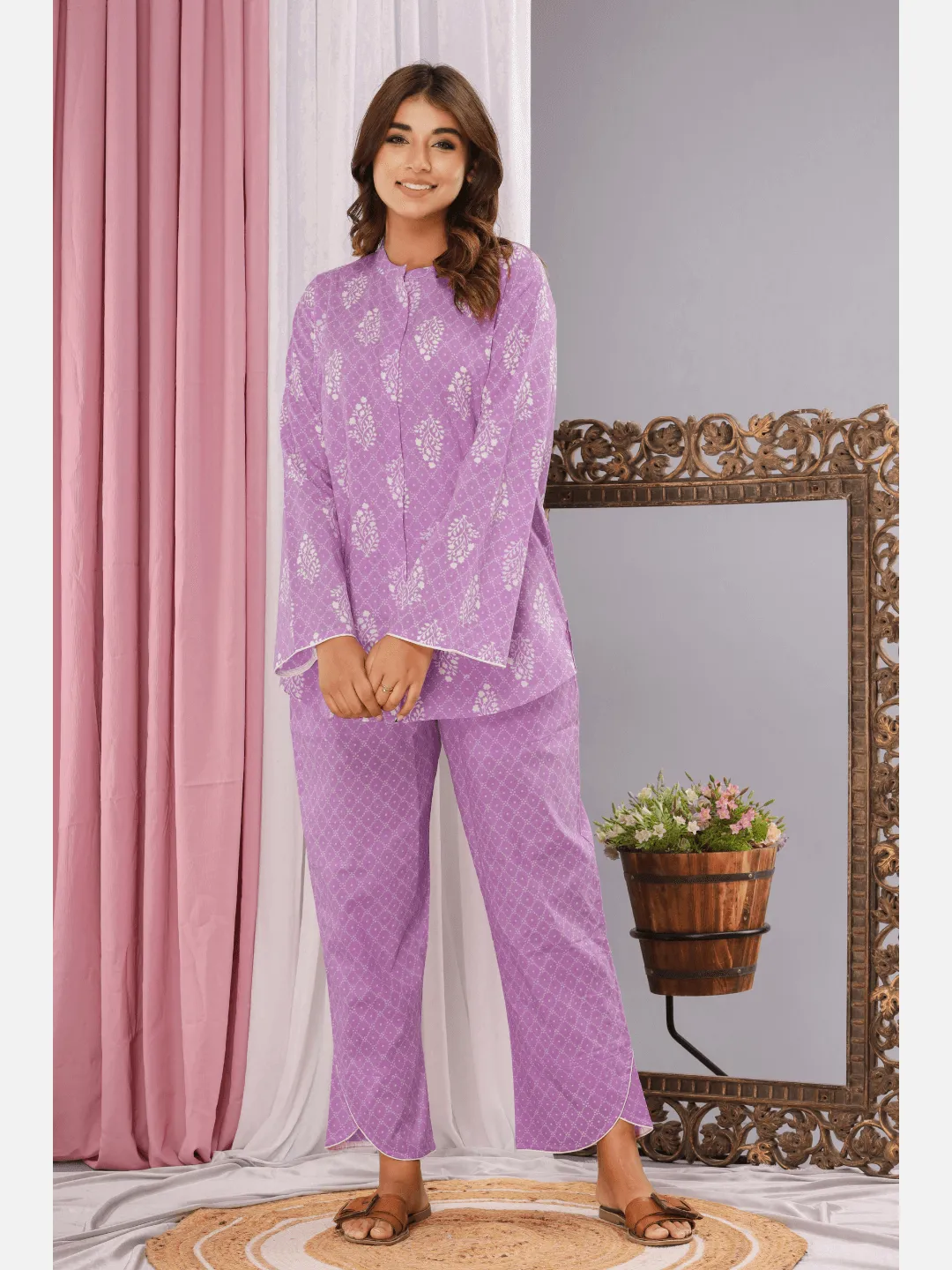 Lavender mandarin collar cotton loungewear