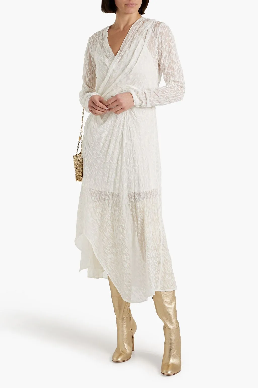 Lexa midi dress in silk chiffon wrap and devoré effect IRO, ivory