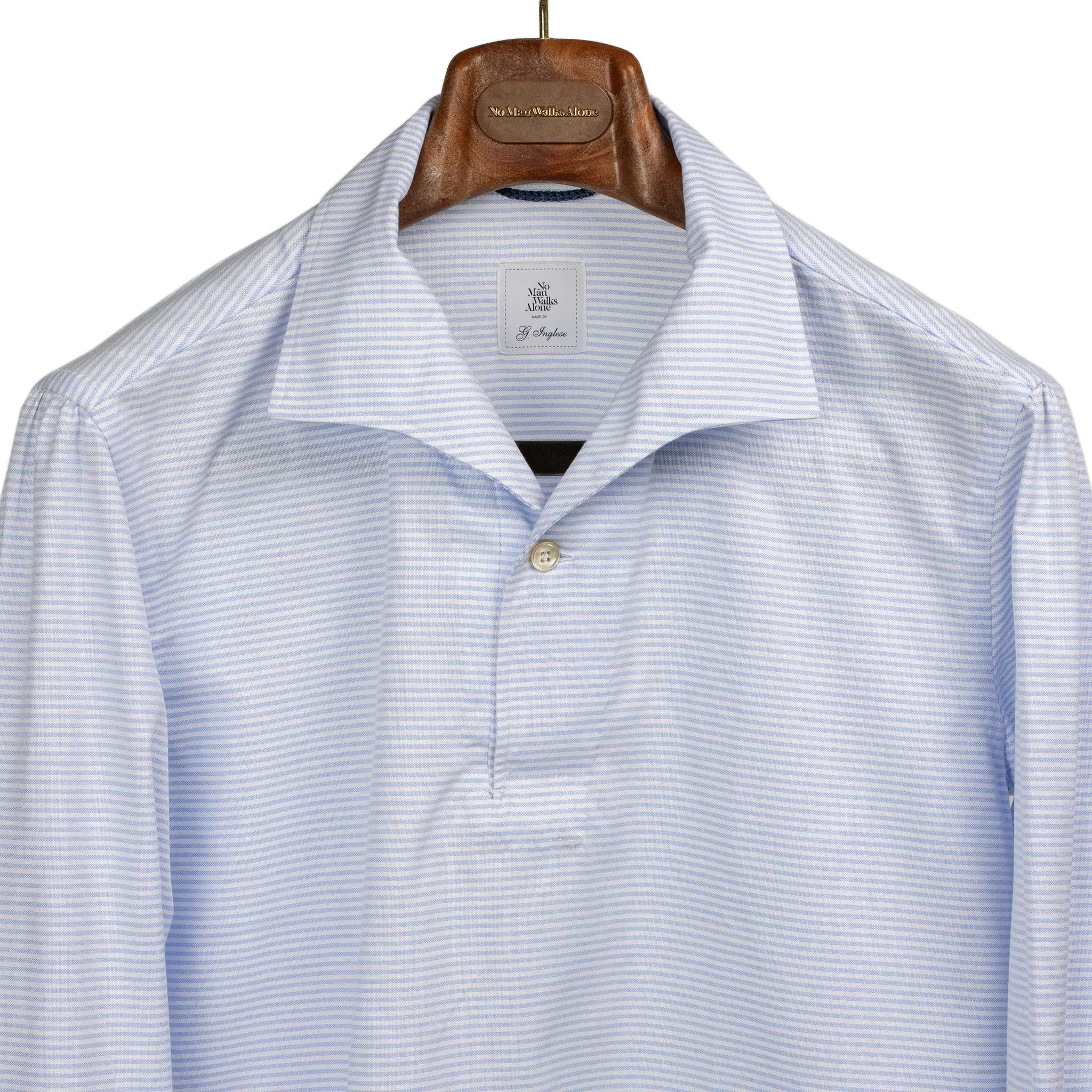 Light blue horizontal candy stripe popover, one-piece Miami collar (restock)