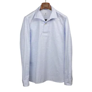 Light blue horizontal candy stripe popover, one-piece Miami collar (restock)