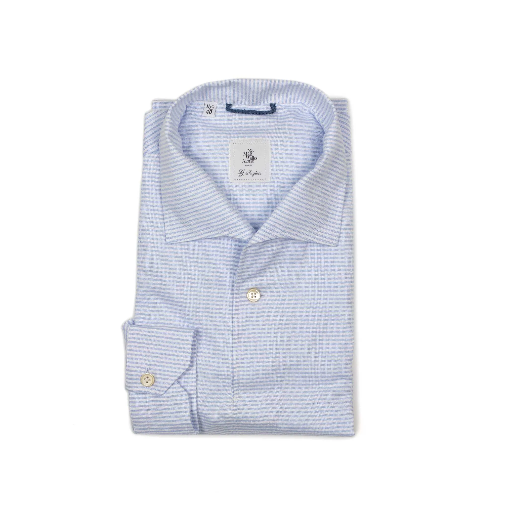 Light blue horizontal candy stripe popover, one-piece Miami collar (restock)