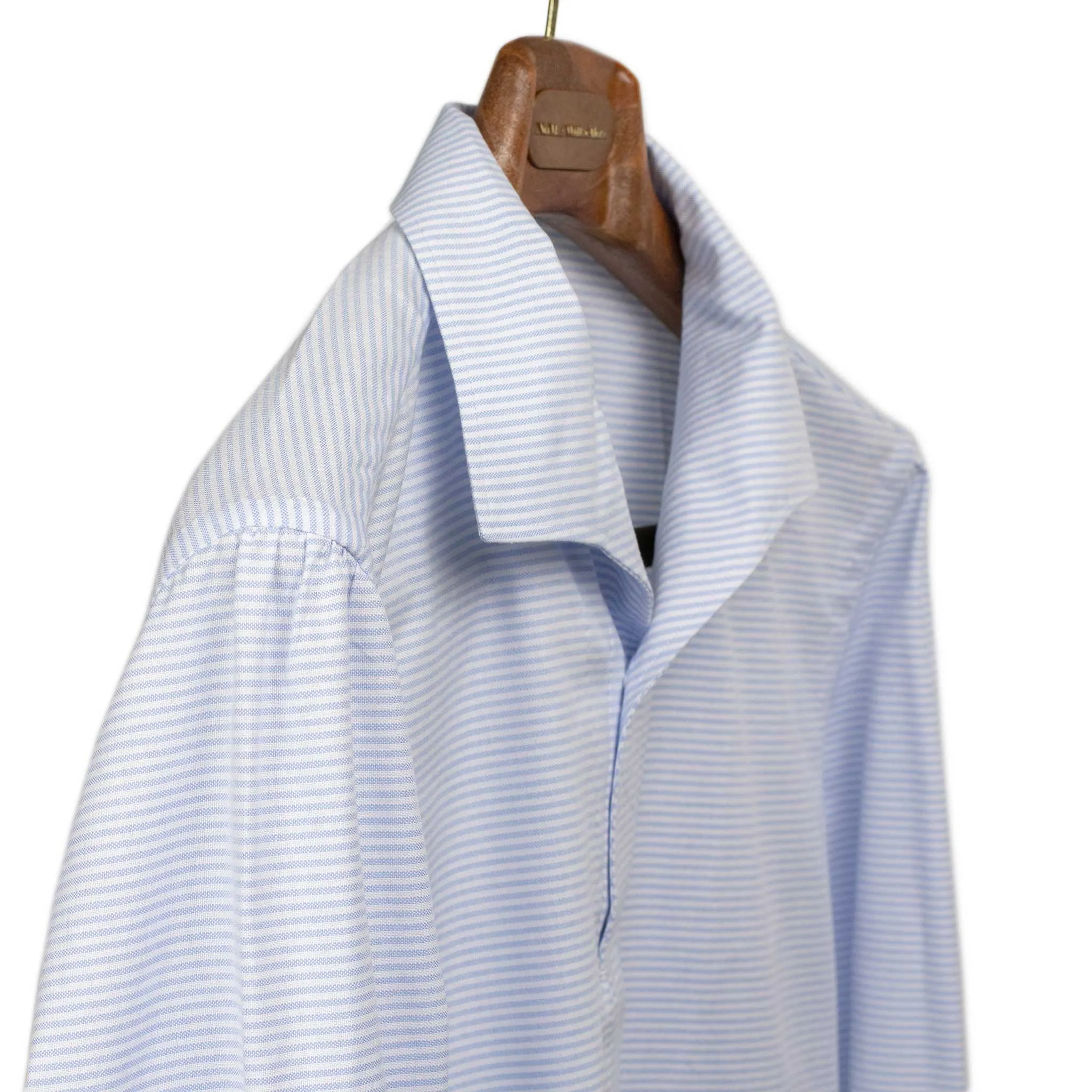 Light blue horizontal candy stripe popover, one-piece Miami collar (restock)