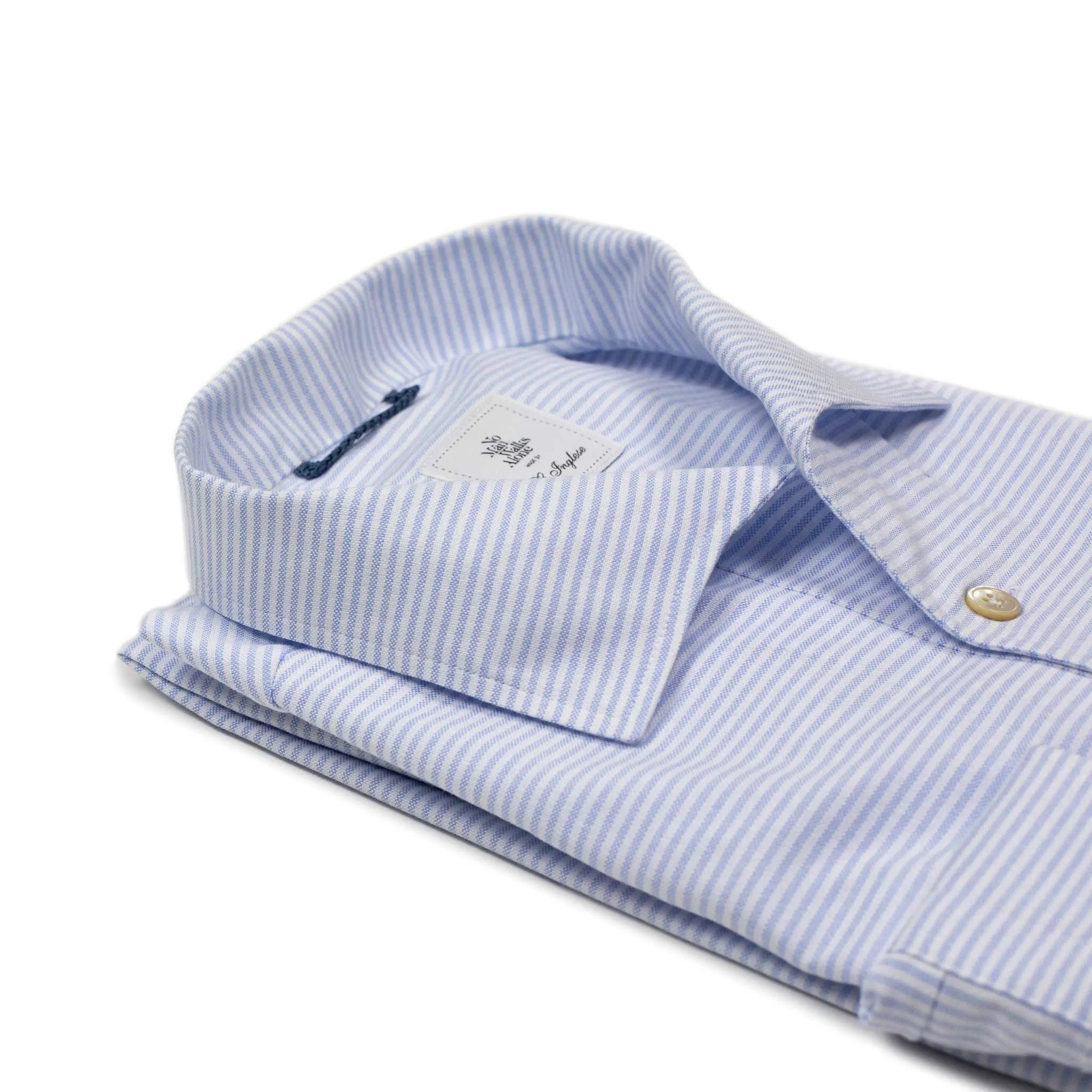 Light blue horizontal candy stripe popover, one-piece Miami collar (restock)