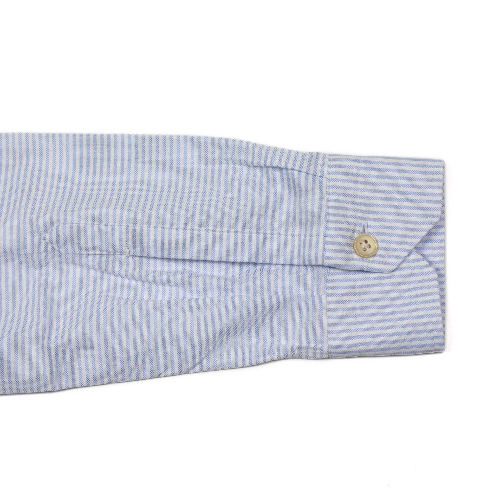 Light blue horizontal candy stripe popover, one-piece Miami collar (restock)