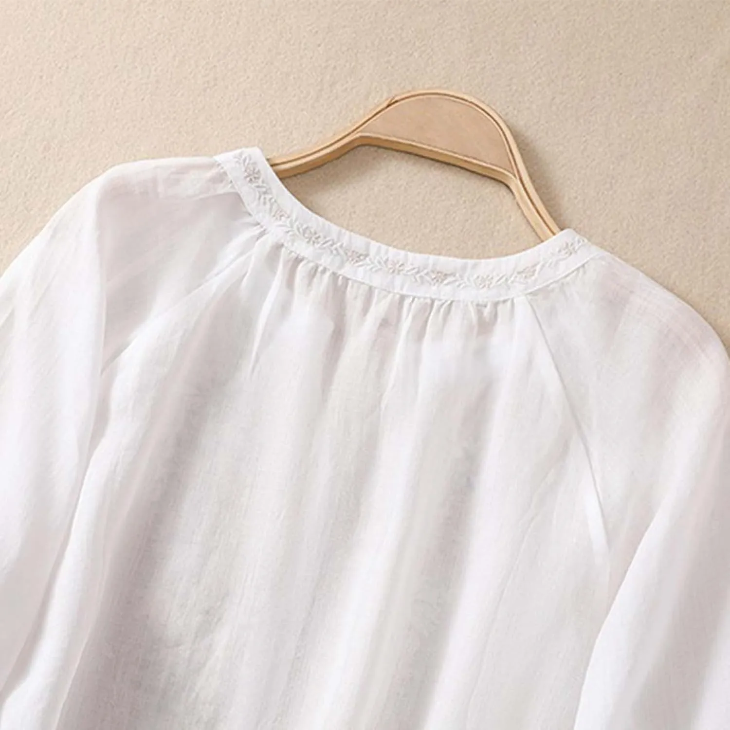 Linen Shirts for Women, 3/4 Sleeve Length Tops Summer 2025 Casual V Neck Blouse Trendy Embroidered Boho Tunics