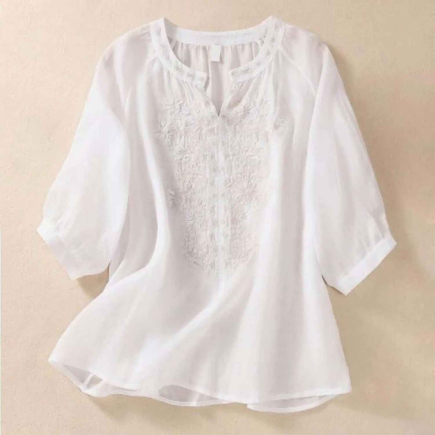 Linen Shirts for Women, 3/4 Sleeve Length Tops Summer 2025 Casual V Neck Blouse Trendy Embroidered Boho Tunics