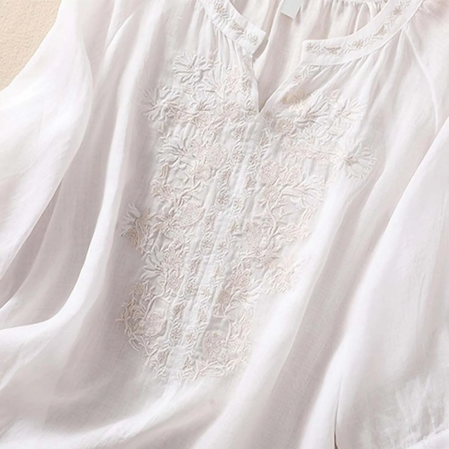 Linen Shirts for Women, 3/4 Sleeve Length Tops Summer 2025 Casual V Neck Blouse Trendy Embroidered Boho Tunics