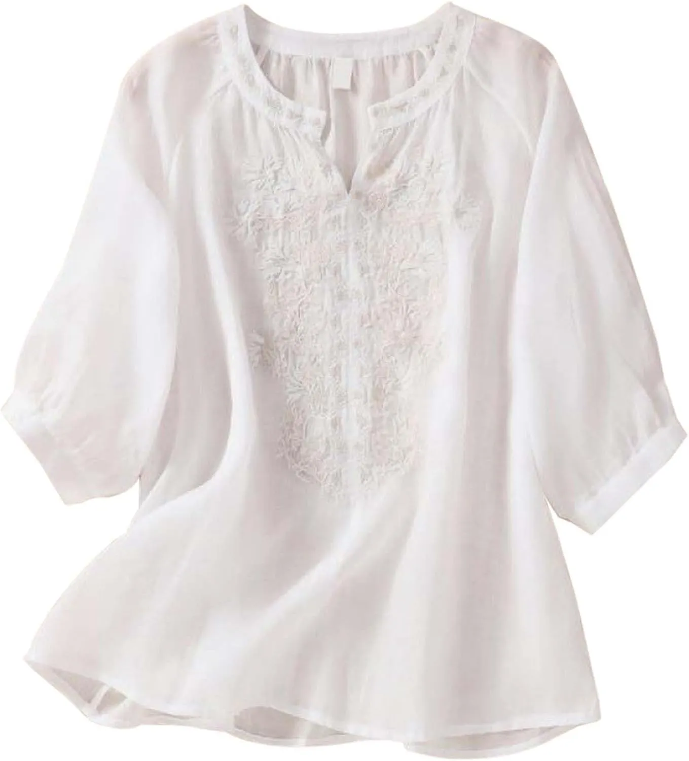 Linen Shirts for Women, 3/4 Sleeve Length Tops Summer 2025 Casual V Neck Blouse Trendy Embroidered Boho Tunics
