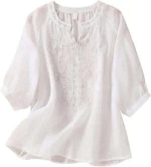Linen Shirts for Women, 3/4 Sleeve Length Tops Summer 2025 Casual V Neck Blouse Trendy Embroidered Boho Tunics