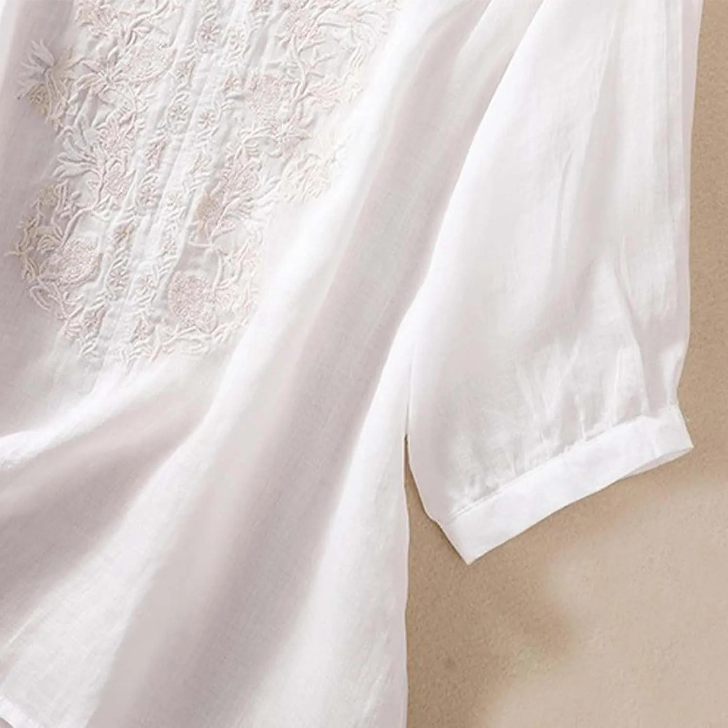 Linen Shirts for Women, 3/4 Sleeve Length Tops Summer 2025 Casual V Neck Blouse Trendy Embroidered Boho Tunics
