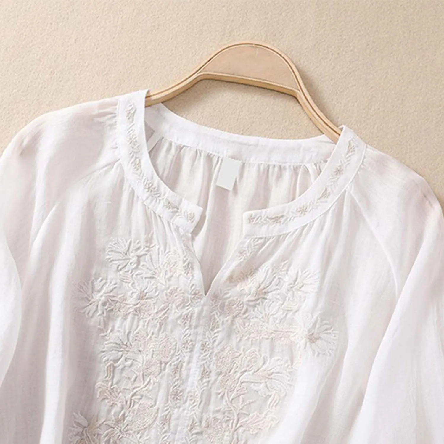 Linen Shirts for Women, 3/4 Sleeve Length Tops Summer 2025 Casual V Neck Blouse Trendy Embroidered Boho Tunics