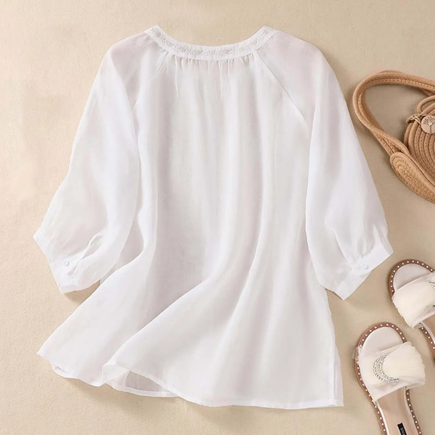 Linen Shirts for Women, 3/4 Sleeve Length Tops Summer 2025 Casual V Neck Blouse Trendy Embroidered Boho Tunics