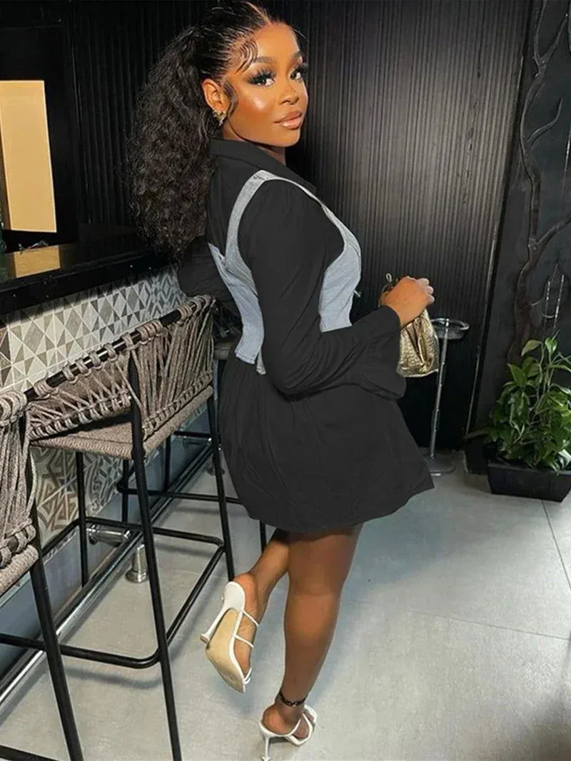 Long-sleeve Collared Denim Vest & Mini Skirt Set