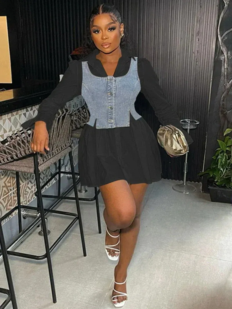 Long-sleeve Collared Denim Vest & Mini Skirt Set