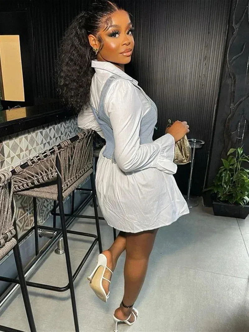 Long-sleeve Collared Denim Vest & Mini Skirt Set