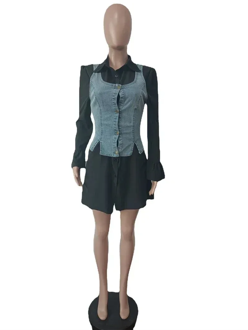Long-sleeve Collared Denim Vest & Mini Skirt Set