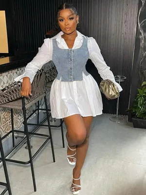 Long-sleeve Collared Denim Vest & Mini Skirt Set