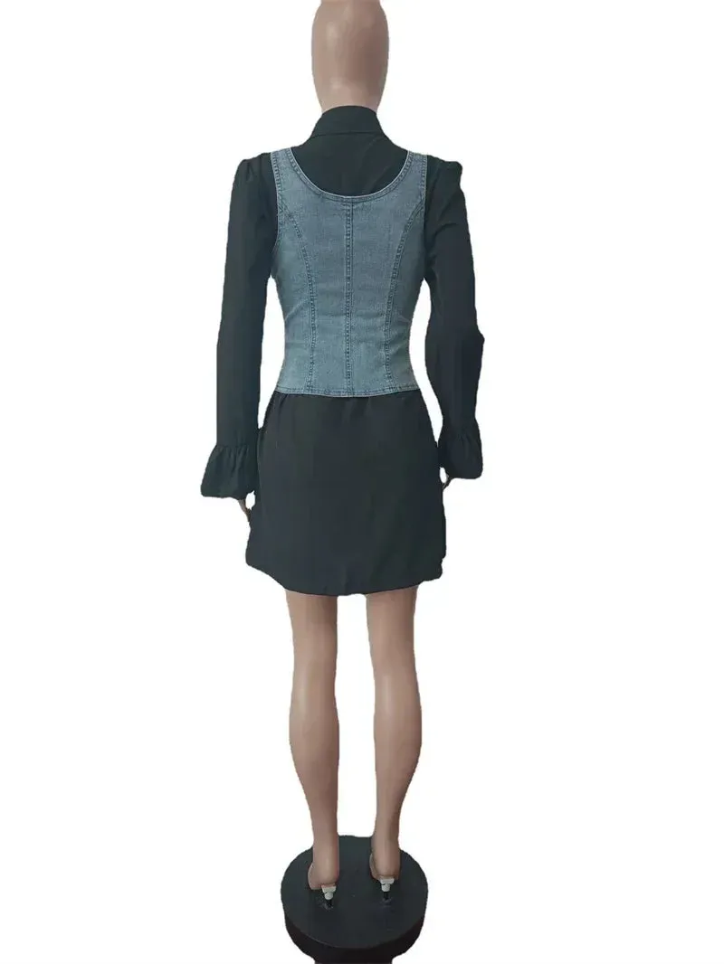 Long-sleeve Collared Denim Vest & Mini Skirt Set