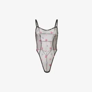 Lounge Underwear Semi Sheer Stretch Mesh Floral Embroidered Bodysuit, Black